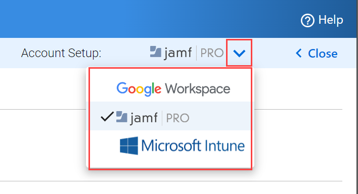 Account Setup: select MDM drop-down